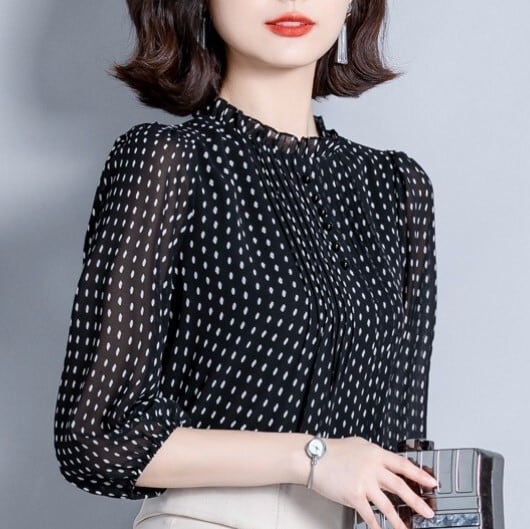 韓国 プリント シフォン 水玉 ドット フリル スタンドカラー 七分袖 美シルエット 半袖 シャツ レディース ブラウス プチプラ 安い 激安 お洒落 おしゃれ おすすめ 人気 トップス