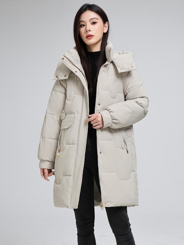 XXXL2 XXL XL L M ブラック ワインレッド カーキ色 米灰色 ポリエステル ポケット付き カジュアル 暖かい 防寒 アウター ジャンパー フード付き 韓国風 冬 ゆったり ミドル丈 コート 中綿 レディース ダウンジャケット