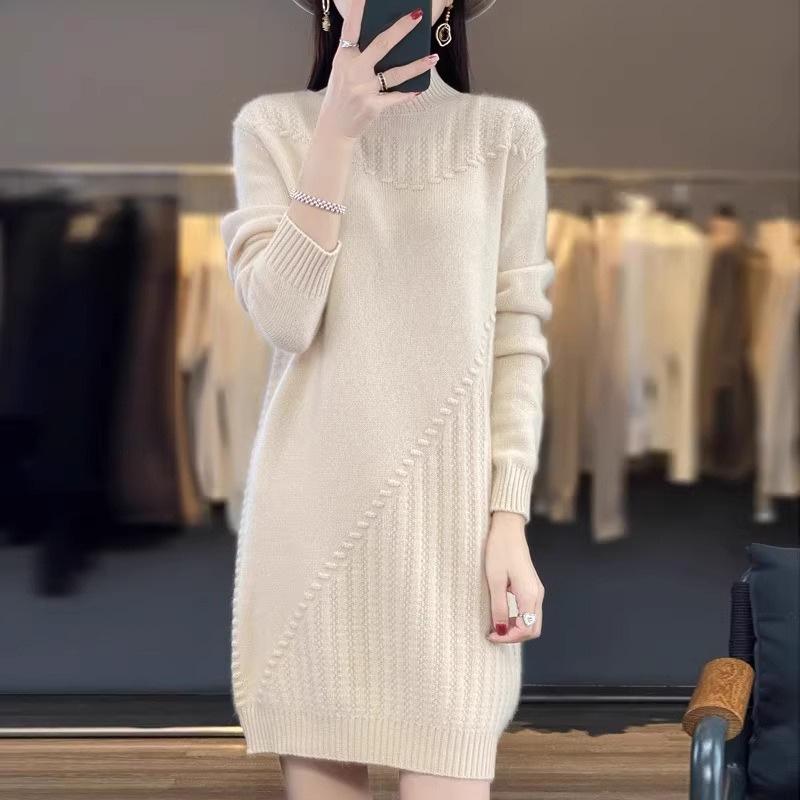 秋冬 半ハイネック チュニック セーター ゆったり 厚手 あったか 暖かい ニットワンピース ピンク系 レッド ベージュ キャメル