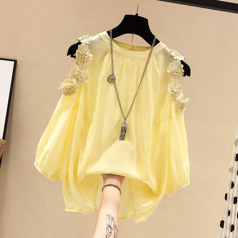 きれいめ 大人カジュアル ラウンドネック デザイン ノースリーブ シフォン ゆったり 花柄 オフショルダー 体型カバー 春夏 レディース ブラウス