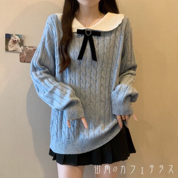 ガーリー フェミニン ラフ お洒落 おしゃれ 上品 大人 カジュアル シンプル こなれ感 大人女子 大人可愛い かわいい 無地 あったか 防寒 厚手生地 リボン プルオーバー フレア Aライン 襟付き Vネック 長袖 ゆったり ママ レディース 女性用 40代 30代 リブニット セーター