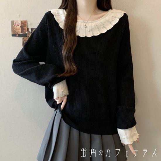 コンサバ ラフ お洒落 おしゃれ 上品 大人 カジュアル シンプル こなれ感 大人女子 大人可愛い かわいい 無地 温かい あったか 防寒 厚手生地 襟 パール 装飾 プルオーバー フレア Aライン Vネック 長袖 ゆったり レディース 女性用 40代 30代 リブニット セーター
