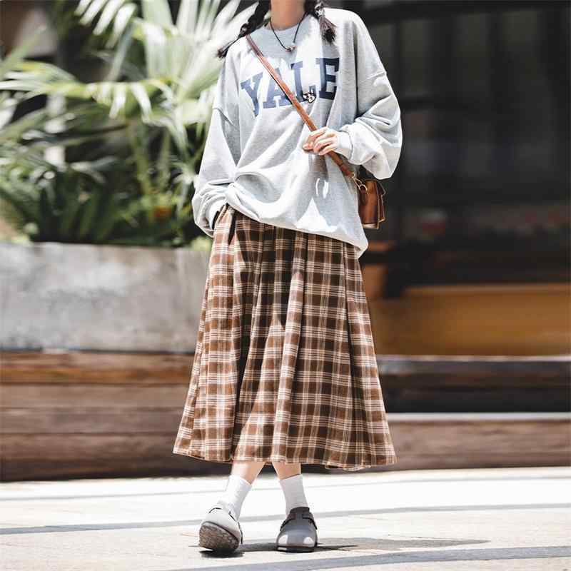 伸縮性 普段使い 秋 長め レトロ 高見え 痩せ見え カジュアル ゆったり ポケット付き 格子柄 レディース スカート