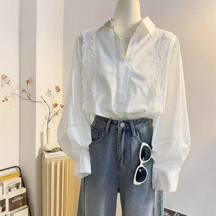 綿 高級感 春夏 リーバー ボタン トップス 上品 通勤用 長袖 白 半開きVネック フレンチ風 切り替え レース レディース シャツ