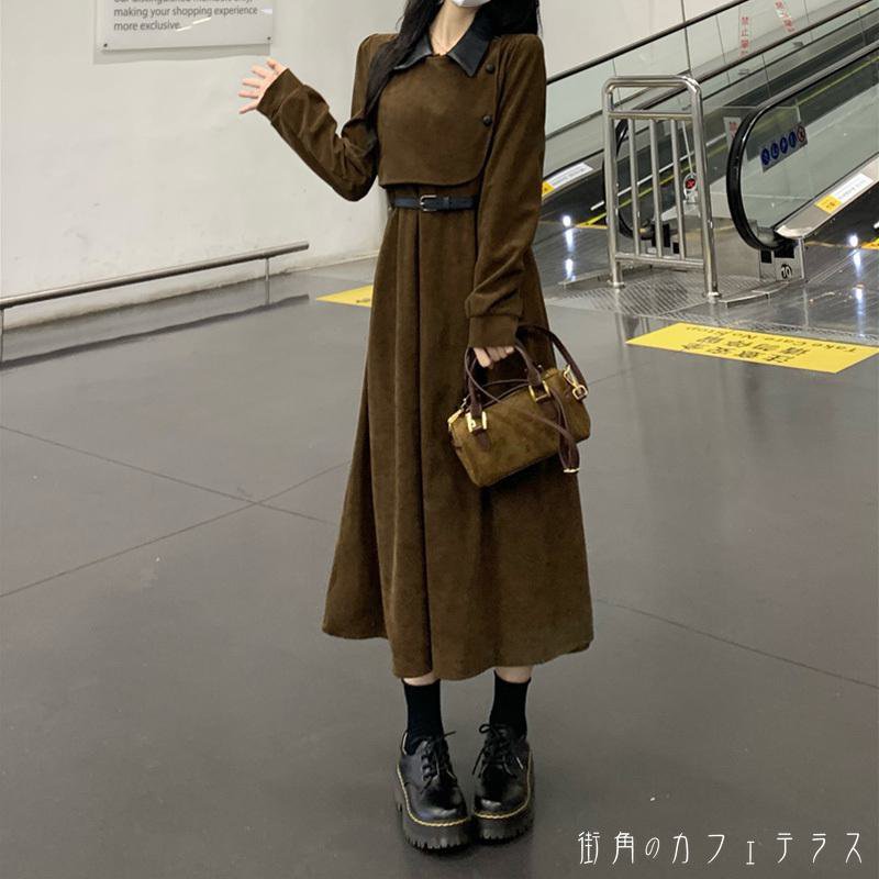 秋冬 お呼ばれ 女子会 お出掛け オフィス 通学 通勤 40代 30代 20代 長袖 黒 茶 ブラック ブラウン 大人かわいい ヘビロテ ベーシック こなれ感 体型カバー キレイめ カジュアル シンプル Aライン ミディアム丈 ミドル丈 ワンピース レディース