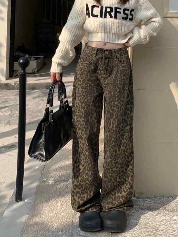 ジーンズ ロングパンツ デニムパンツ 美脚効果 ワイドレッグ ストレート アメカジ(x2) ヒョウ柄 古着風 レディース 通勤 ハイウエスト カジュアル 通学