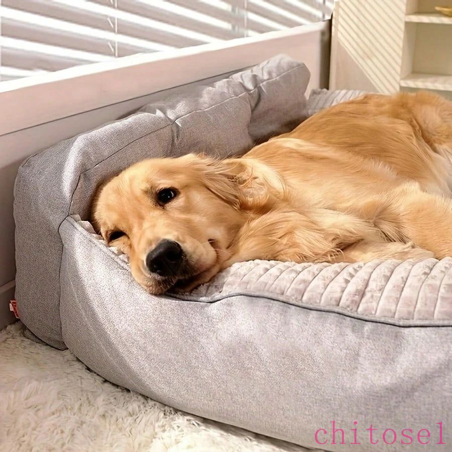 1個 特大ペットベッド - 大型犬のゴールデンレトリバーに適しています、滑り止め設計、取り外し可能&洗濯可能、側面枕付き、室内用、ペット用品