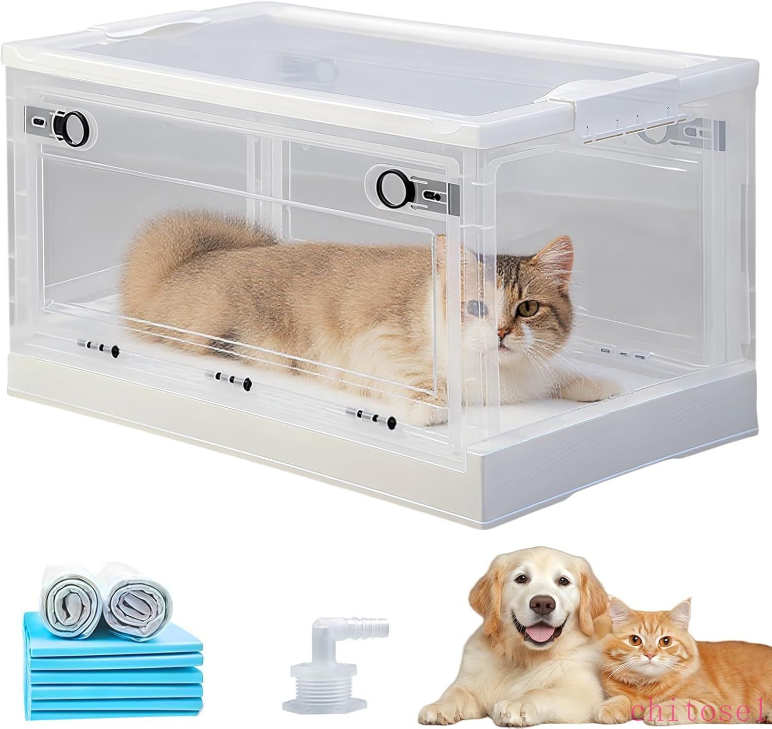 ペット酸素室 折りたたみ式 酸素室用ケージ ペット酸素ハウス 小型犬/猫/小動物に適用 ネブライザーボックス 霧化ボックス 酸素バルブ/キャスター付き 組立簡単 ポータブル
