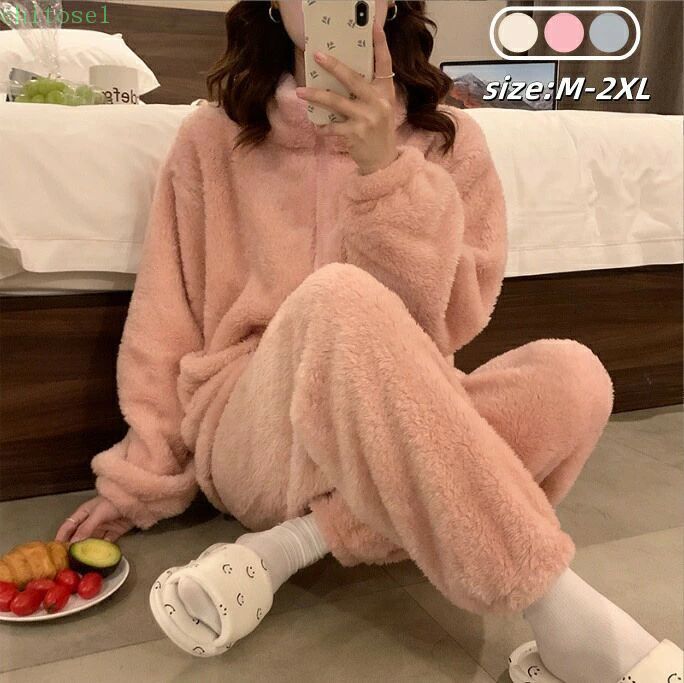 パジャマ レディース 冬 ルームウェア もこもこ パジャマ レディース 上下セット セットアップ ハイネック 厚手 暖かい 長袖 大きいサイズ ナイトガウン 部屋着 おしゃれ 可愛い 寝巻き オフホワイト ピンク グレー M L XL 2XL