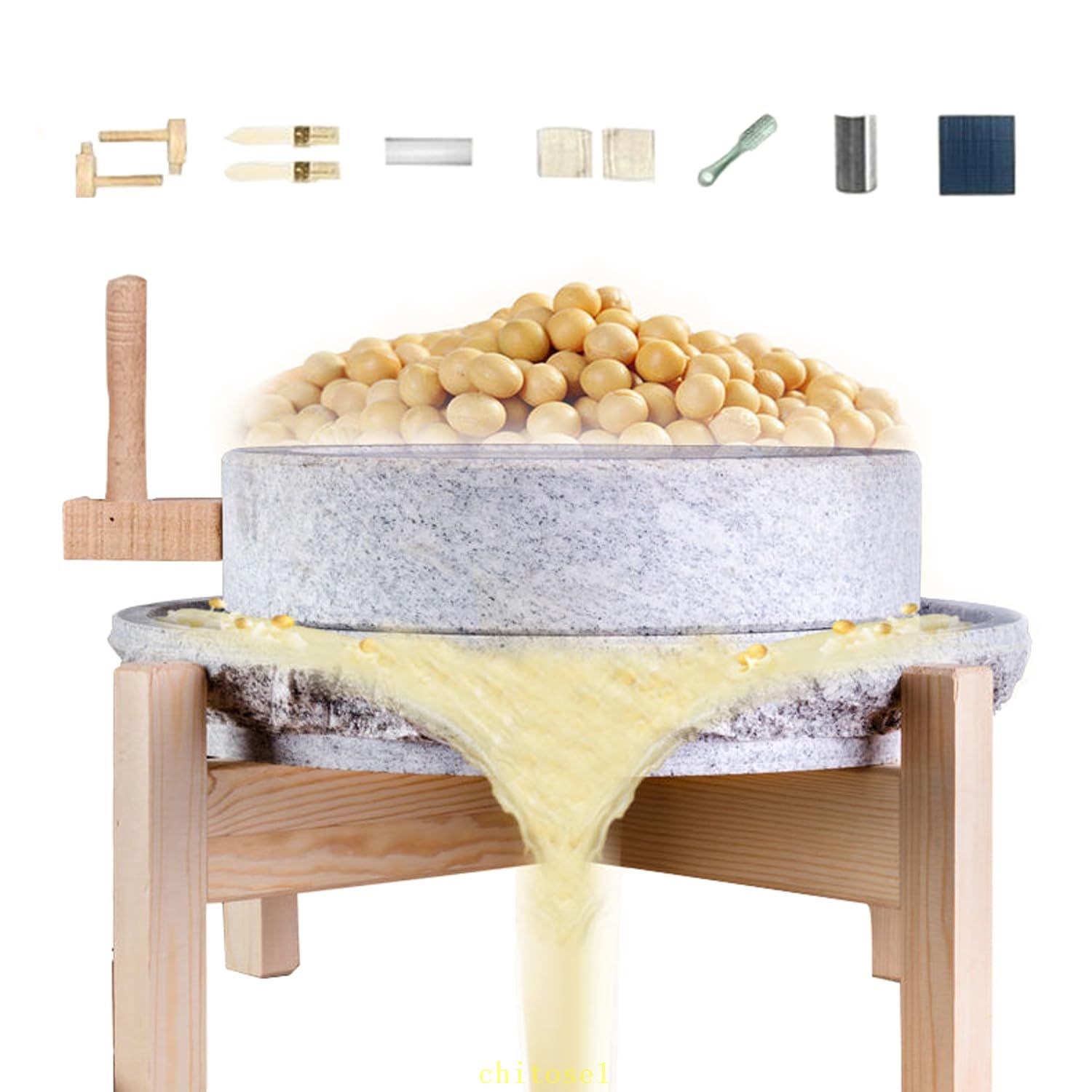 石臼 昔ながらの ひきうす 石うす 回転式石臼 製粉器 粉 ミル 小麦 お茶 そば 米粉 ウコン 手挽き穀物製粉機 手動 卓上型 家庭用 天然御影石 木製スタンド付き 手回し豆乳マシン 付属品一式 粗塩などの調味料用 プレゼント ギフト 贈り物 送料無料