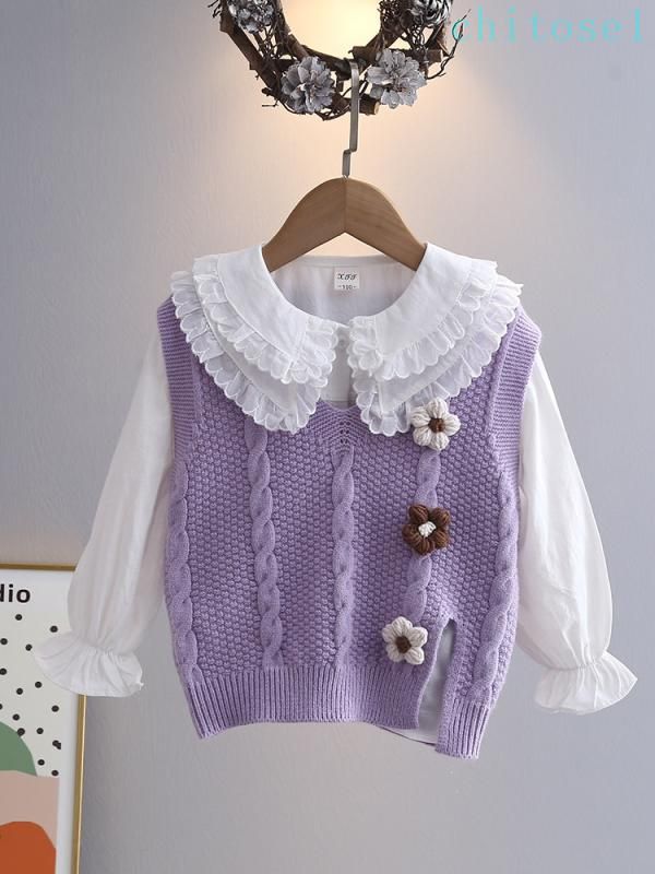 子供服 女の子用 ベスト シャツ セットアップ 春秋 アンサンブル Vネック ニットトップス ノースリーブ カットソー ブラウス パープル ピンク グリーン イエロー ホワイト 110 100 90