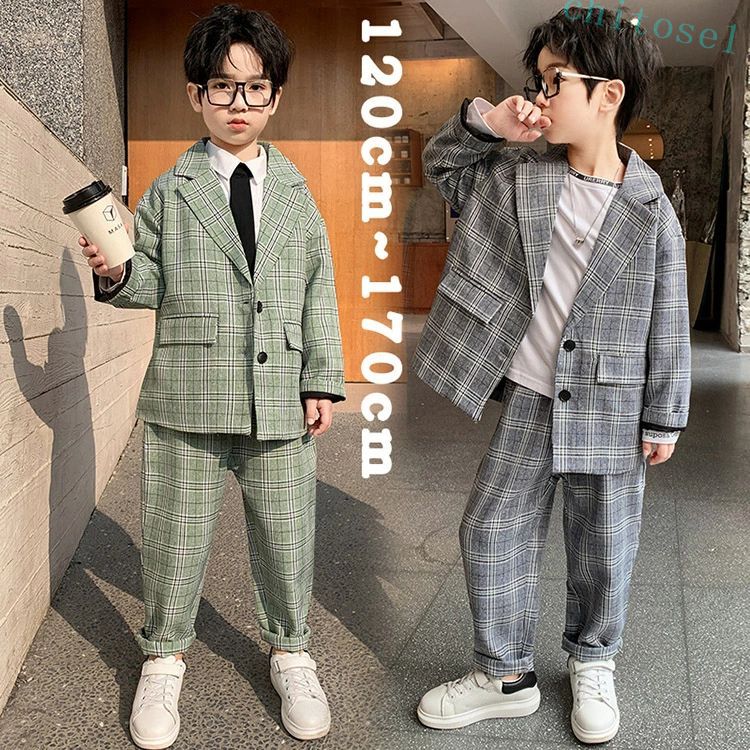 期間限定5%クーポン ２点セット男の子 子供服 男の子 結婚式 chitose1 グレー グリーン 店長おすすめ 卒業式 入学式 スーツ セットアップ フォーマル 卒園式 おしゃれ チェック 発表会 120 130