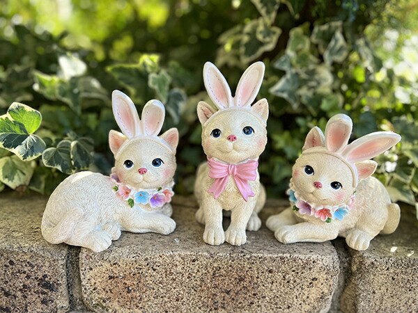 ガーデンオーナメント うさぎの置物 ガーデニング 置物 オブジェ インテリア かわいい 雑貨 樹脂 うさぎ ウサギ 【 ラビットキャット（おすわり＆ツイン）3体セット 】