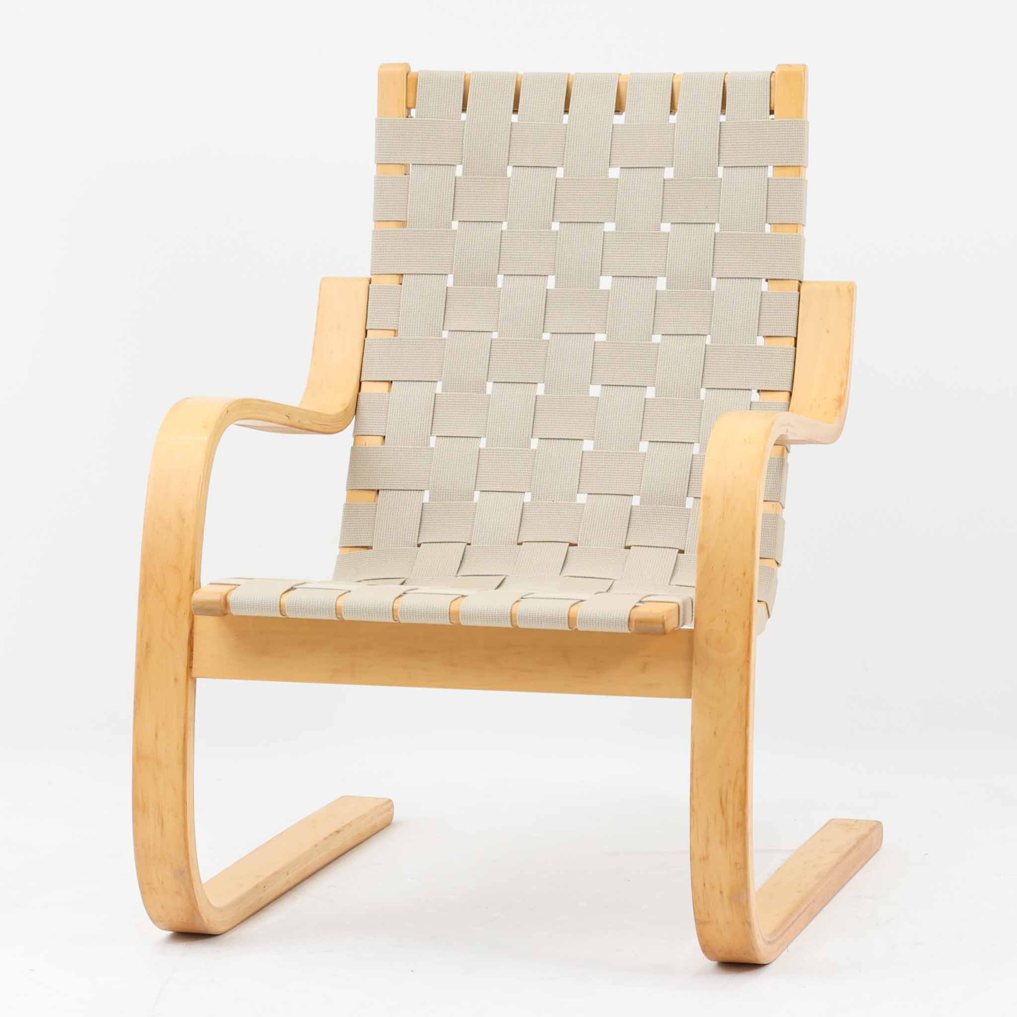 Alvar Aalto ひじ掛けいす No.406 バーチ×ウェビングテープ Artek アルヴァ・アアルト アルテック フィンランド製 北欧ビンテージ調度品 北欧腰かけ 曲木女性議長 木製一こま 待ち合い室女性議長 名曲腰かけ ウェビング座面 リビング腰かけ