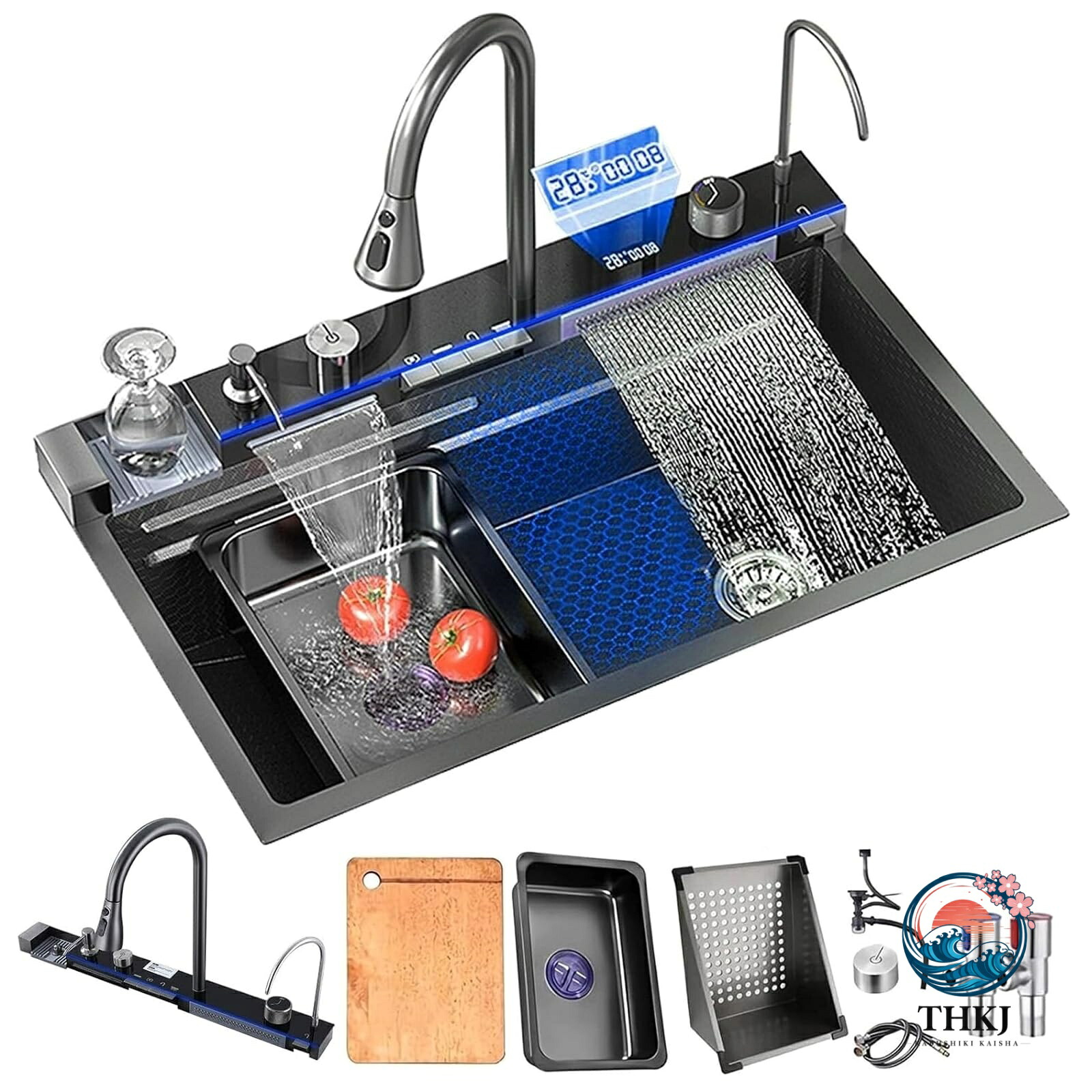 キッチンシンク 大容量 二重滝シンク LED 温度と使用時間表示 ハニカム ナノ キッチンシンク 304 ステンレスシンク 蛇口付き シンクセット 野菜洗面器 台所 家庭用 業務用 台所用流し台 住宅改善用|chocotto+(ちょこっとぷらす)