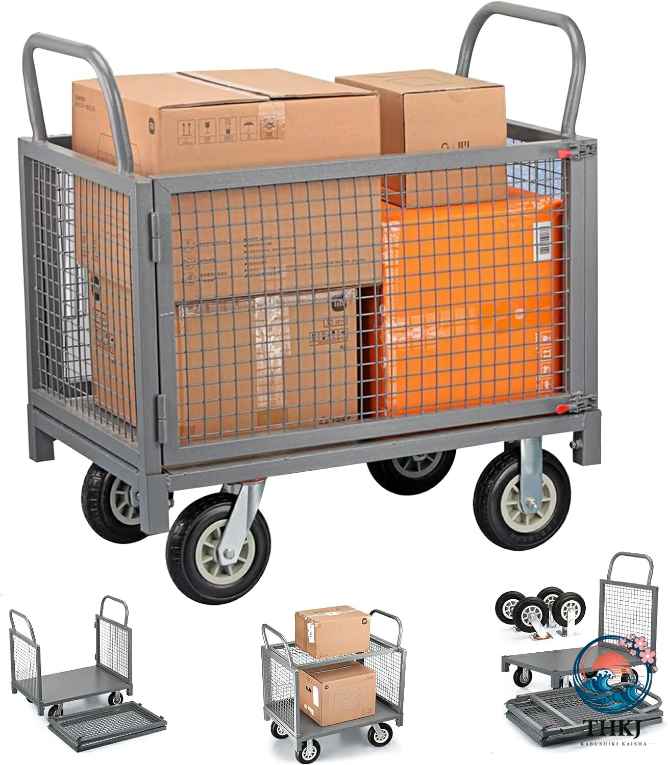 カゴ手押し車 折りたたみ式 メッシュ 駒寄せ手押し車 打ちきり付き添い人 耐荷重約 400kg 御勤め用 バス発着場 工業プラント用