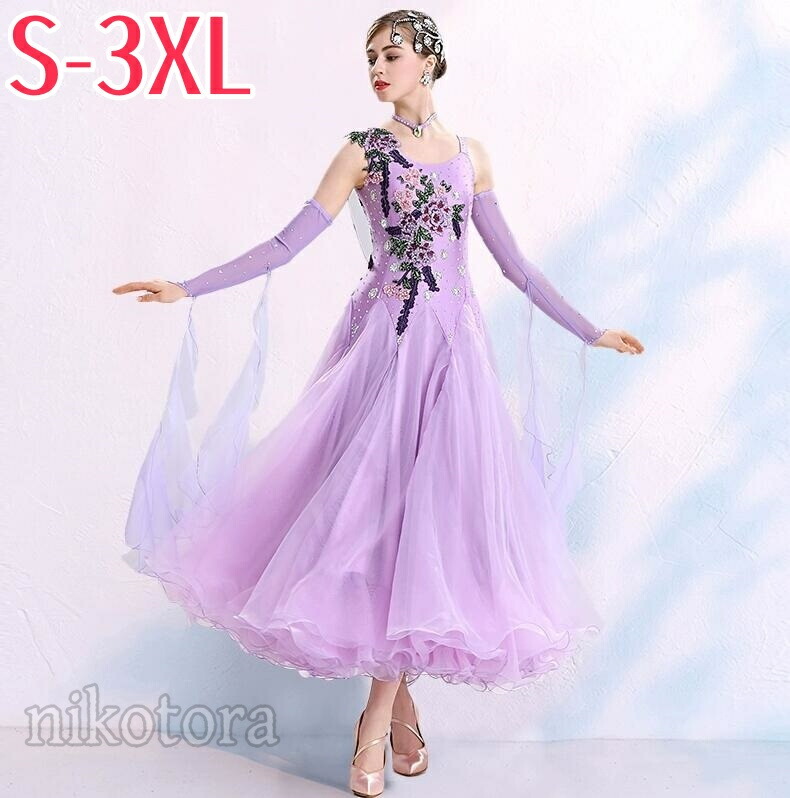 社交ダンス ドレス 衣装 ワンピース 大きい裾 エレガント ステージ衣装 上品 大人 社交ダンス衣装 スタンダード モダンドレス ダンスレッスン着 ワルツ タンゴ サンバ ダンス練習着 競技用 団体 初心者 舞台 発表会 ダンスウエア 紫 赤色 紺色 ローズ｜超激安名古屋商店