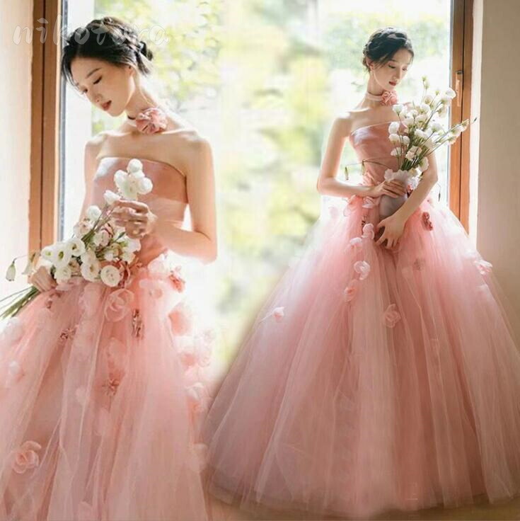 フォーマル ウェディングドレス 結婚式ドレス 二次会ドレス 花嫁 イブニングドレス ロングドレス Aラインドレス 演奏会 ピアノ発表会 ノースリーブ ベアトップ ドレス チュール プリンセスドレス 編み上げ 可愛い コンクールドレス 成人式 忘年会 着痩せ セクシー