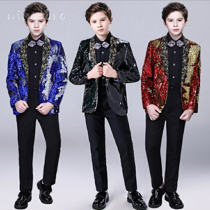 3点セット フォーマル スーツ キッズ 男の子 スーツ ジャケット+パンツ+蝶ネクタイ セットアップ スパンコール キラキラ 男児 子供用スーツ ジュニアスーツ おしゃれ ステージ衣装 礼服 フォーマル 演奏会 発表会 ダンス衣装 オーケストラ 舞台衣装 演出服 3色