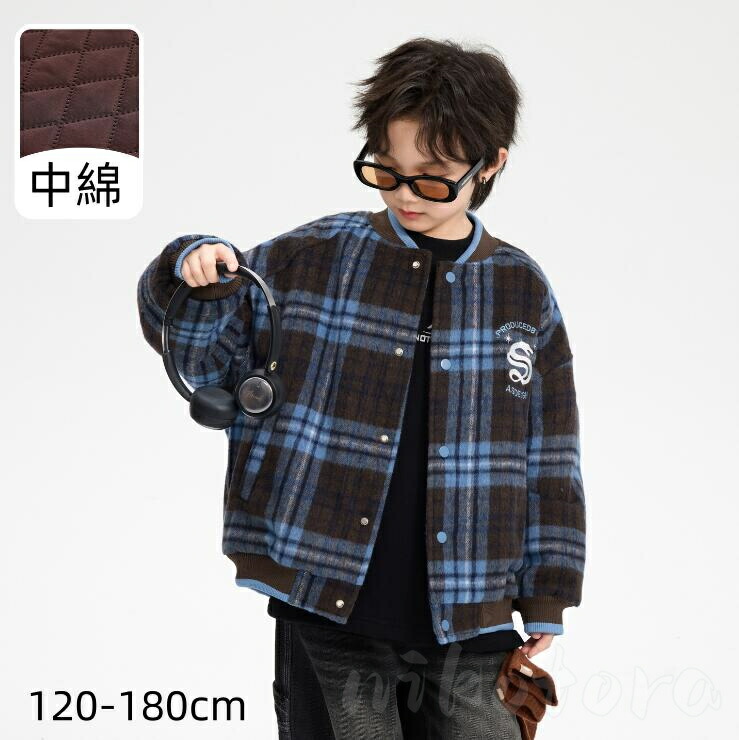 スタジアムジャンパー ジャケット キッズ 子供コート 男の子 アウター 120-180cm チェック柄 パーカー 中綿入れ ジップアップ ジャンパー ノーカラージャケット 中綿コート 厚手 あつたか 防風 防寒コート 通園 通学 卒園式/入学式 秋冬