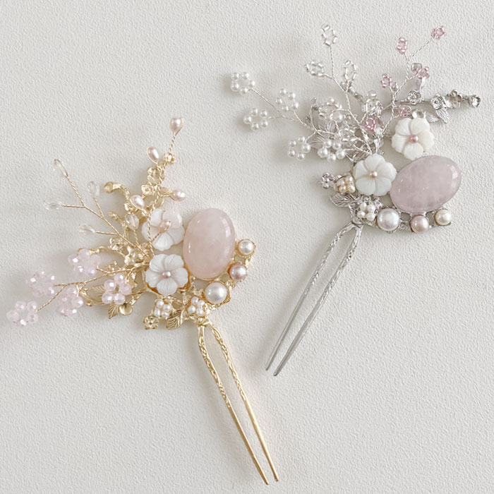 韓国コチNo152　かんざしコチ・楕円花■cochi-152-s【天然石】【かんざし】【簪】【ヘア飾り】【パール】【ローズクウォーツ】