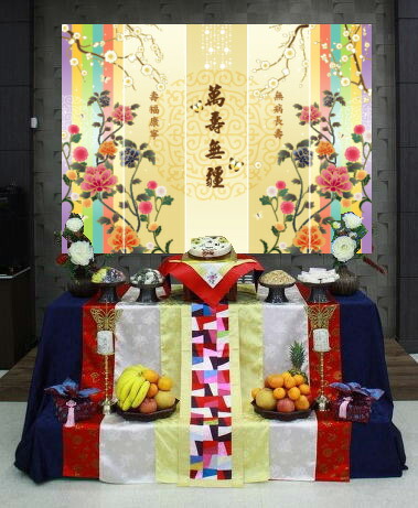 還暦長寿お祝い屏風の様な背景幕・万寿無彊・ゴールド