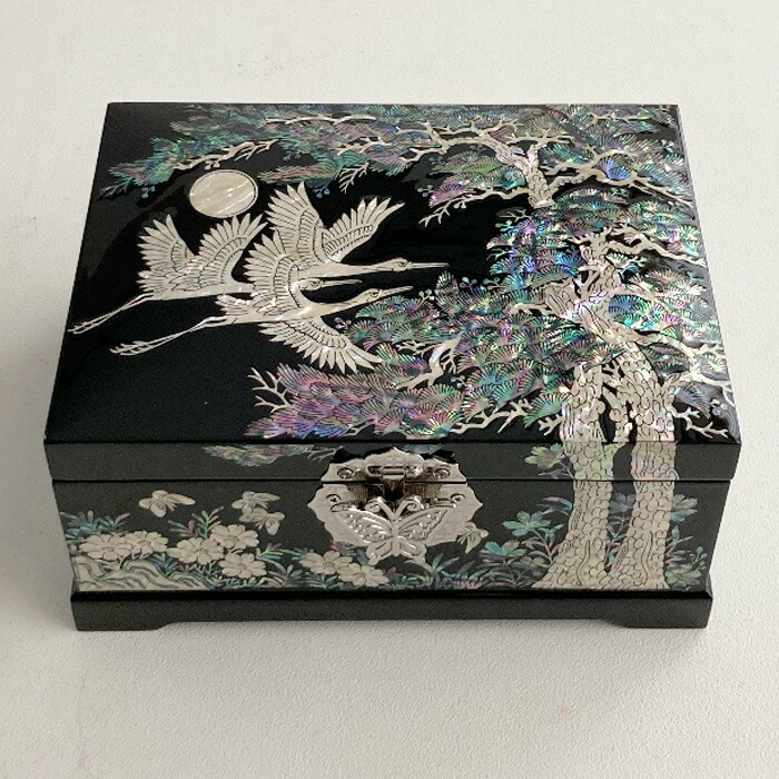 韓国 ヴィンテージ 宝石箱 螺鈿 鳳凰 鳥 花 2段収納 鏡付 漆 木製 259 raden.jpg