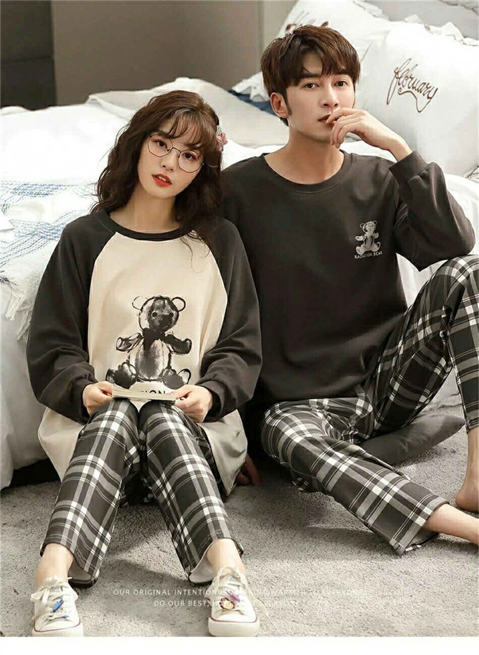 【送料無料】ペアパジャマ カップル クマ柄 チェック 春秋冬 ルームウエア 韓国 女性 男性用 パジャマ パンツセット ペアルック パジャマ 部屋着 可愛い 長袖 パジャマ 寝間着 寝巻き オシャレ 結婚祝い プレゼント