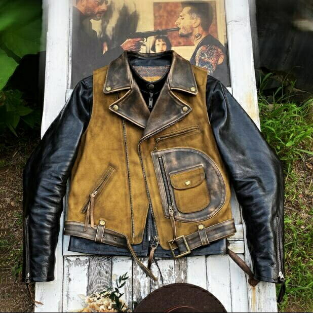ヴィンテージ復刻 Dポケがポイント高品質カウレザー×コットンキャンバス ライダースベスト◆本革 アメカジM～3XL 14,768円