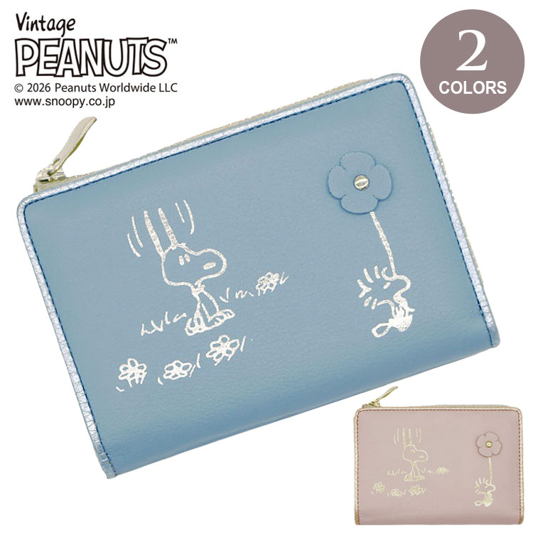 スヌーピー 二つ折り財布 レザー Blossom 73514 コンパクト財布 財布 L字ラウンド 天然皮革 本革 牛革 金 銀 箔押し 花｜CHOICE