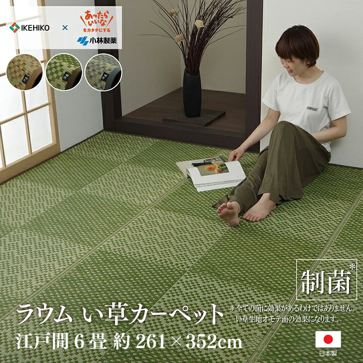 【送料無料】ラウム い草 ござ 花ござ 国産 日本製 上敷き 和室 敷物 カーペット ラグ 小林製薬 持続性抗菌剤 KOBA-GUARD 制菌 抗菌防臭 モダン お手入れ簡単 夏 調湿 消臭 空気清浄 汚れにくい 江戸間6畳 約261×352cm イケヒコ
