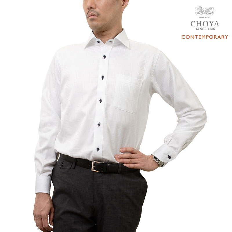 長袖 ワイシャツ メンズ 綿100％ 形態安定加工 ホワイト ドビー ワイド CHOYA CONTEMPORARY CHOYA CONTEMPORARY 2603ft APR10