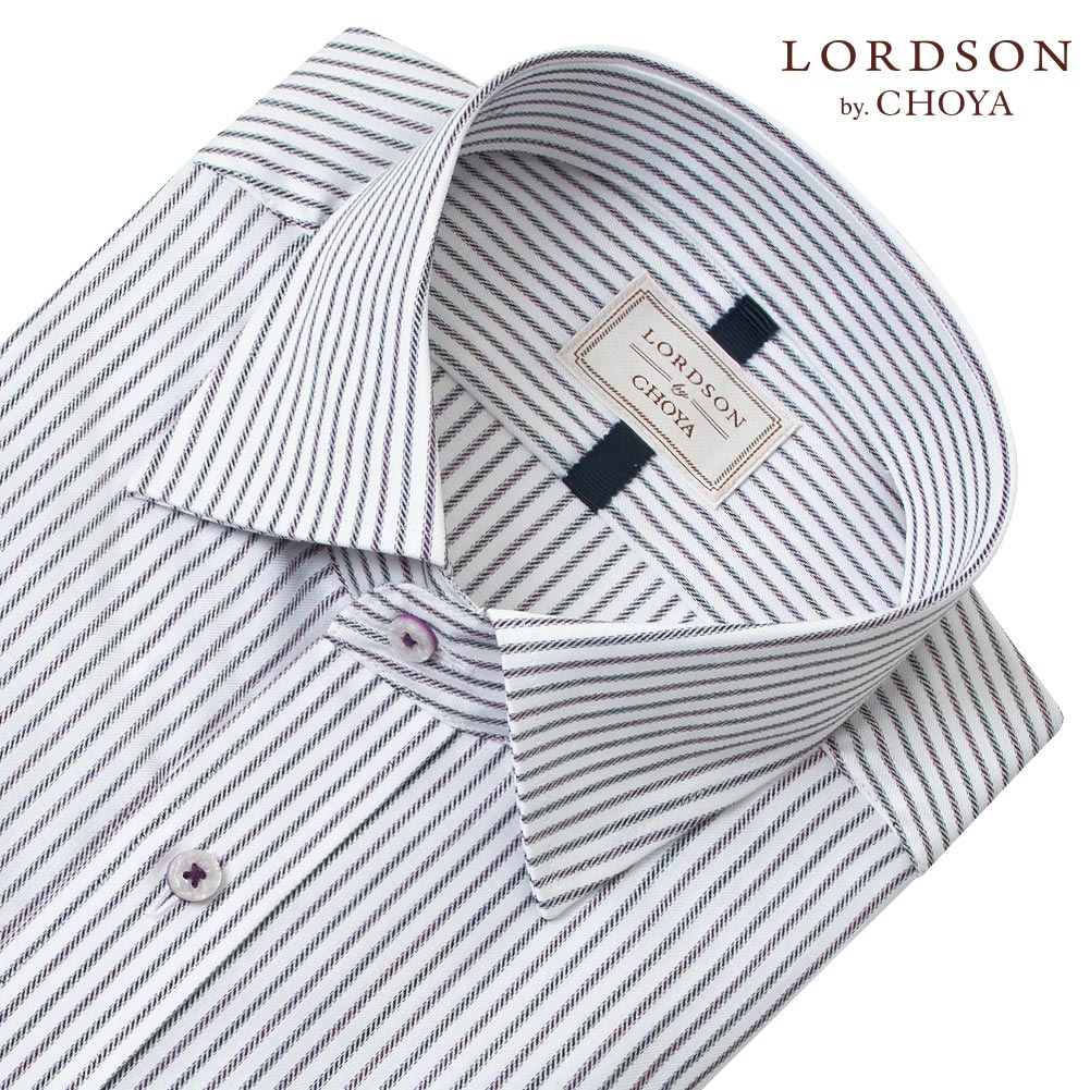ワイシャツ メンズ 長袖 LORDSON 形態安定 紫 パープル ストライプ ワイドカラー 綿100％ (sa1)