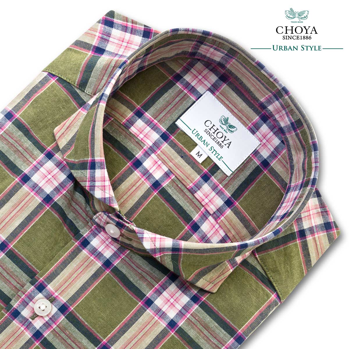 カジュアルシャツ CHOYA URBAN STYLE コットンリネン マドラスチェック 長袖 カッタウェイワイドカラー オリーブグリーン(cue112-545)