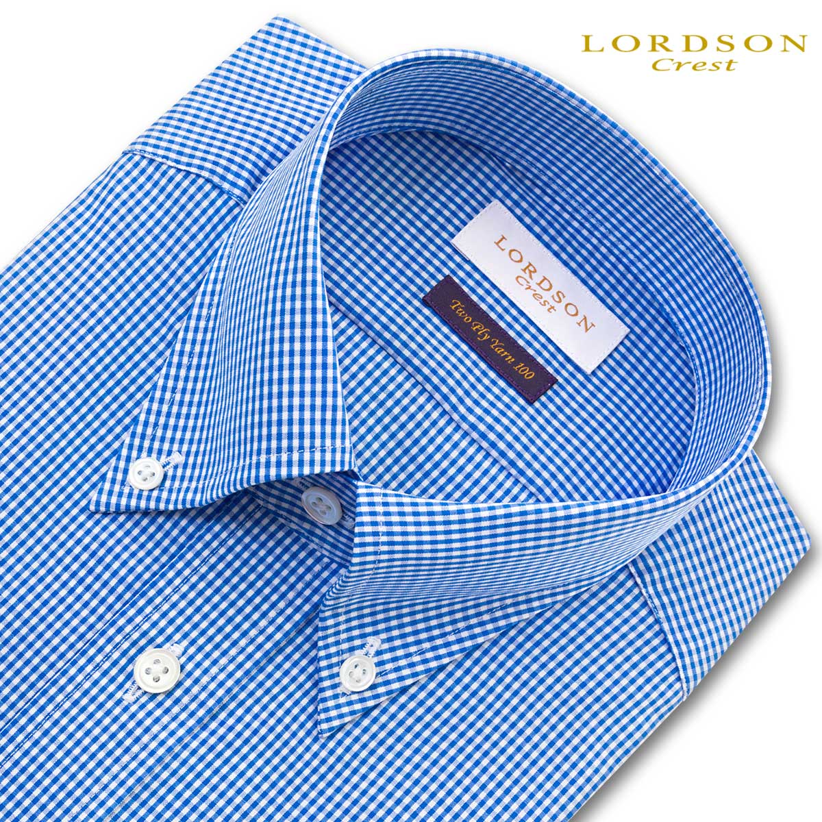 LORDSON Crest 長袖 ワイシャツ メンズ 形態安定 スリムフィット ボタンダウンカラー ブルー ミニギンガムチェック 綿100%  zod251-550 【名入れ無料】