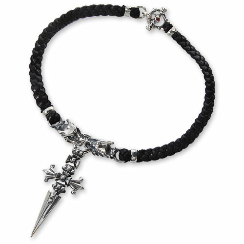 【TRAVIS WALKER　DOUBLE CROSS　トラヴィスワーカー　ダブルクロス　ネックレス】クロスダガーw/2ガーゴイルズw/ブレイデッドレザーネックレス【送料無料】