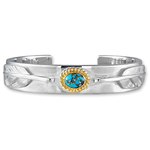 【鷲見太郎　BRACELET　ブレスレット】12mmプレーンバングル/ターコイズK18カップ/オーバル6×8 w/SフェザーK18YGトップ【送料無料】