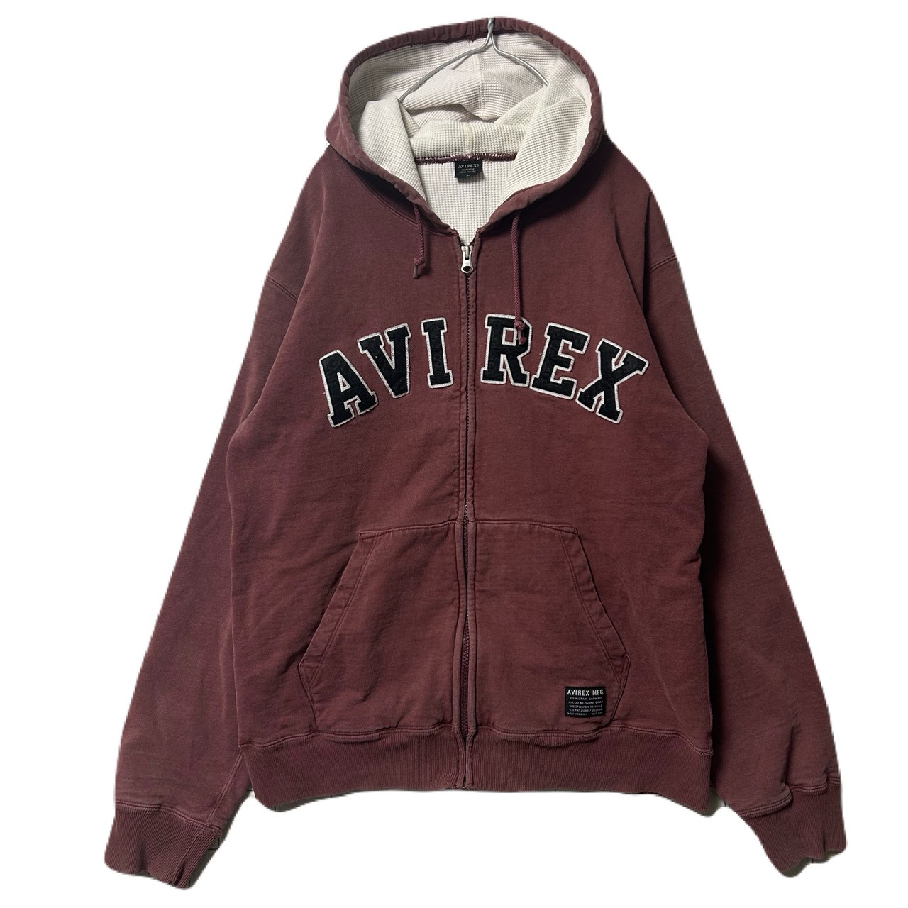 古着 AVIREX アヴィレックス ワッフルボンディング ジップパーカー ロゴ刺繍 フルジップ フーディー L【中古】｜chronostil店