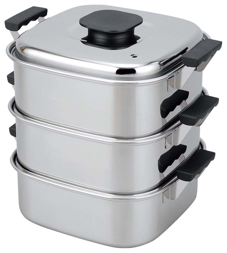 【ポイント20倍】モモ 18-0 プレス 角蒸器 3段 27cm【IH】【電磁調理器200V】【日本製】 EBM vol.26[0930-01]すし器・蒸し器・セイロ類