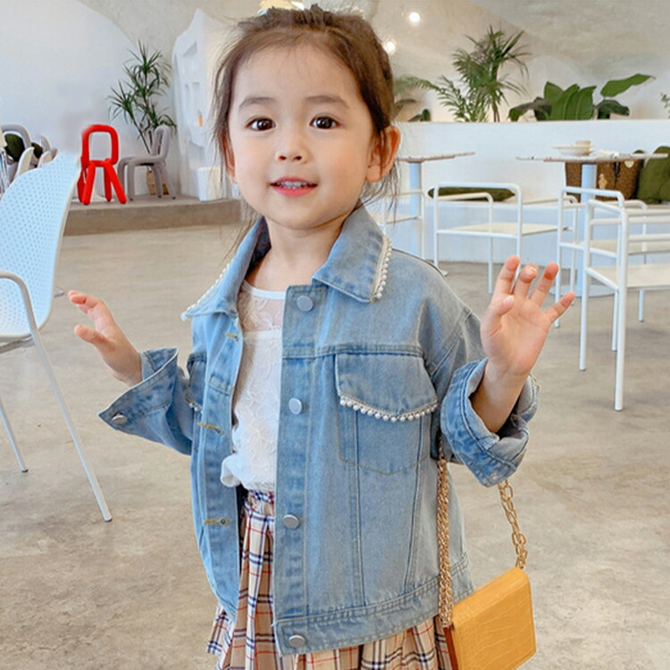 デニムジャケット パールレース 女の子 パール レース キッズ 子供服 春トレンチコート ALL SEASON オールシーズン アウター ジュニア アウター 春 秋 冬 アウター 90cm 100cm 110cm 120cm 130cm chuchubebe chuouter0013画像