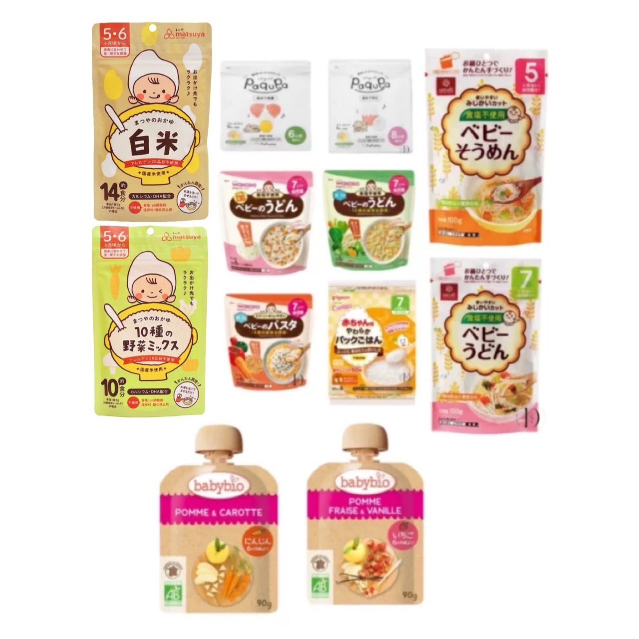 パクパ 6ヵ月～離乳食 wakodo 和光堂 らくらくまんま ベビーうどん パスタ ピジョン 赤ちゃんのパックごはん matsuya 人気 5ヵ月頃～6ヵ月 はくばく ベビーめん ベビービオ babybio スムージーフード お試し 食べ比べ アソート 合計12点セット｜chummys 店
