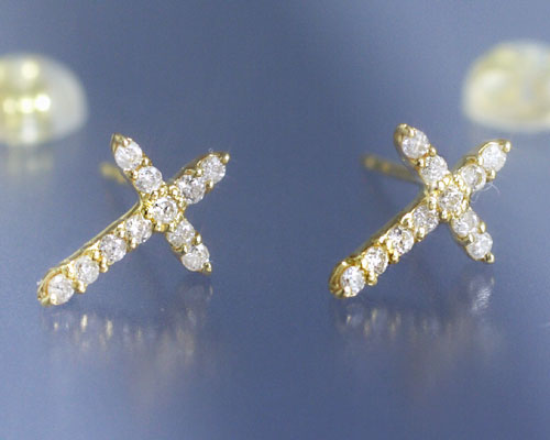 4月誕生石 ダイヤモンド0.2ct クロス スタッド ピアス【K18イエローゴールド（K18YG）】国産 日本製/製造オーダー品　約30日間納期