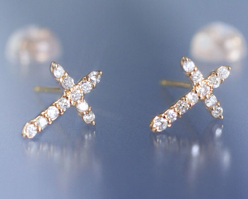4月誕生石 ダイヤモンド0.2ct クロス スタッド ピアス K18ピンクゴールド（K18PG） 国産 日本製/製造オーダー品　約30日間納期