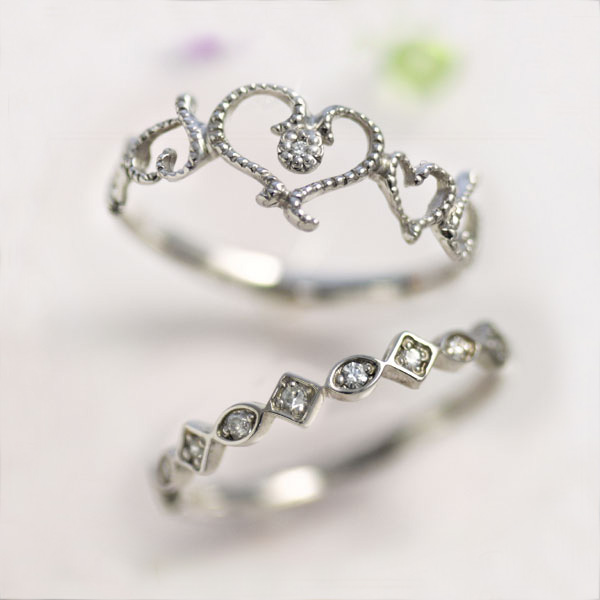 ピンキーリング　4月誕生石ダイヤモンド0.01ct 0.09ct K10/K18ホワイトゴールド（K10WG K18WG） 「アリエル・ハート」×「ラフィニ」セット販売 国産 日本製/製造オーダー品　約20日間納期