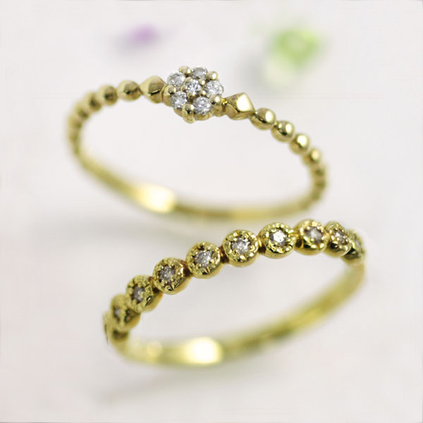 ピンキーリング 4月誕生石 ダイヤモンド0.1ct 0.05ct K10/K18イエローゴールド(K10YG K18YG) 「ルーニィ・ドール」×「トゥルー・アウラ」セット販売 送料無料/製造オーダー品 約20日間納期|誕生石ネックレスのCiao!