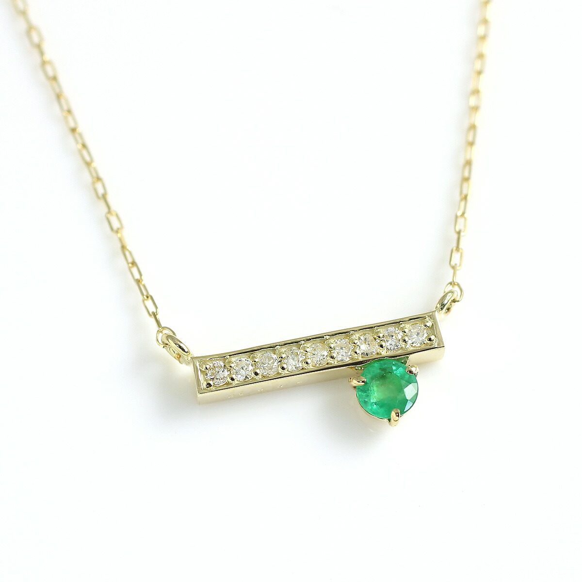 エメラルド ネックレス レディース 3mm ラウンドカット ＆ ダイヤモンド 0.07ct ペンダント K10イエローゴールド（K10YG） 誕生石 5月 「スティックライン」 国産 日本製/製造オーダー品　約20日間納期