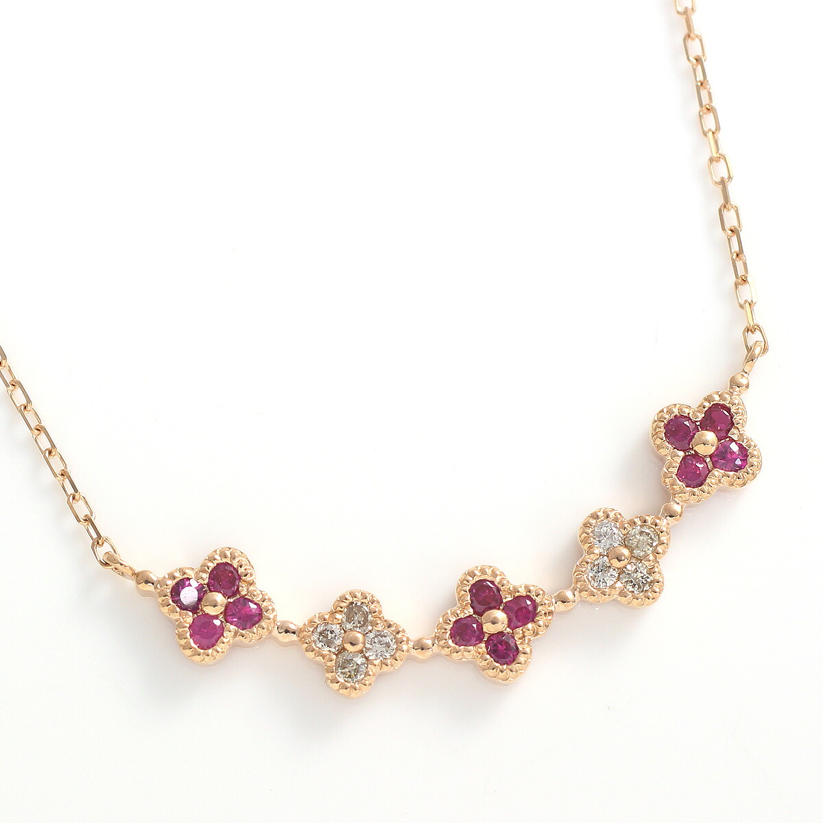 ルビー ネックレス ダイヤモンド 0.1ct 四つ葉のクローバー フラワー ペンダント K10ピンクゴールド 10金「プリ･エリマ」送料無料 7月誕生石 国産 日本製/製造オーダー品　約20日間納期