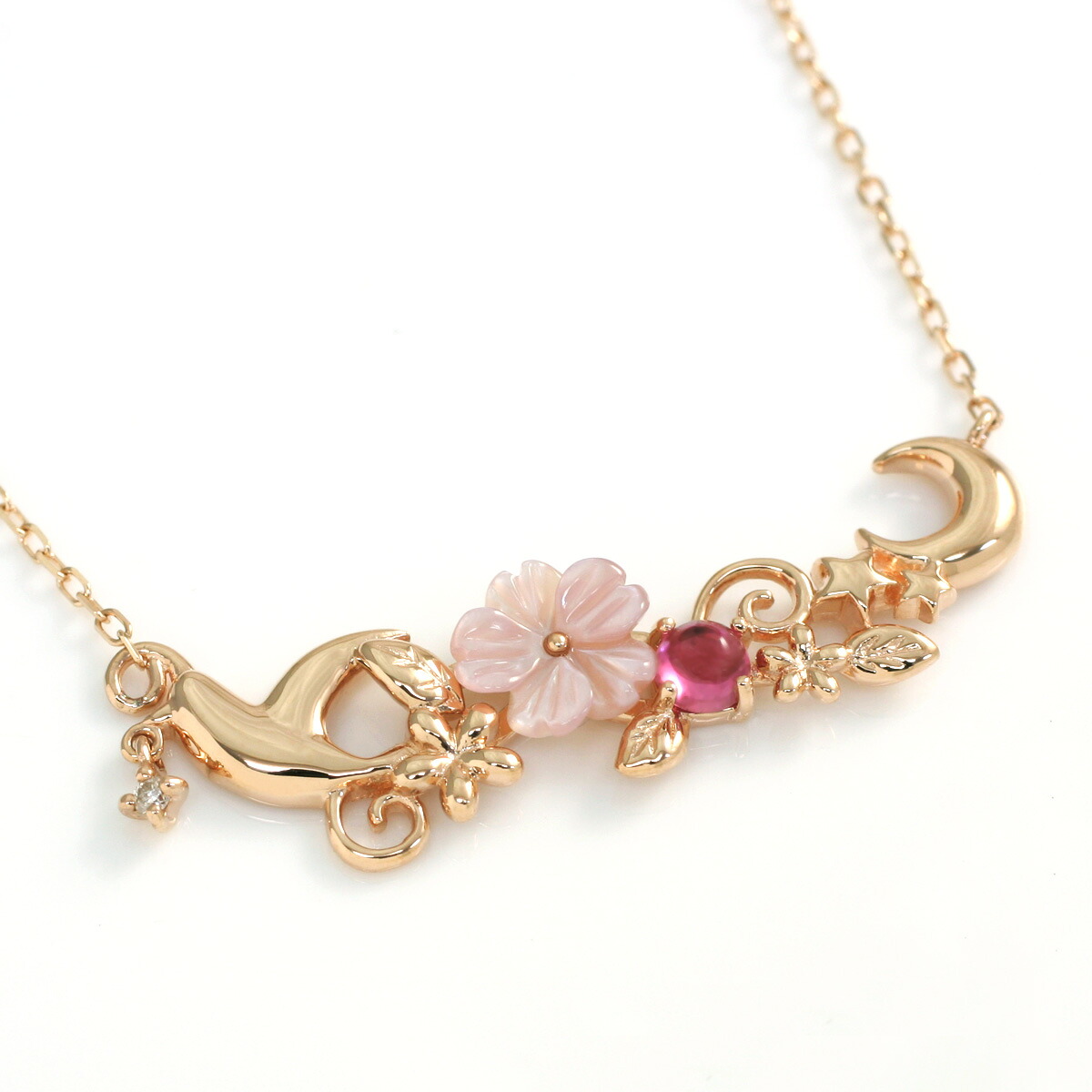 オリジナルジュエリー 10月誕生石ネックレスピンクトルマリン ダイヤモンド0.01ct ピンクシェル ネックレス ペンダント K10ピンクゴールド(K10PG) 「Jours heureux -幸せな日々-」国産 日本製/製造オーダー品 約20日間納期|誕生石ネックレスのCiao!