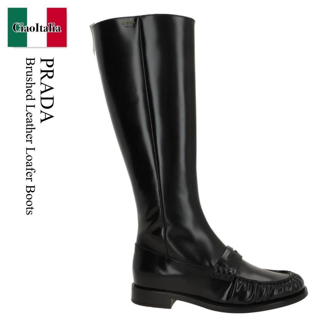 【数量限定・在庫限り・早い者勝ち！】 プラダ / Prada Brushed Leather Loafer Boots / 1W201O F0002 / 1W201O FD020P39 F0002 / 1W201OF0002 / 1W201OFD020P39F0002 / ロングブーツ