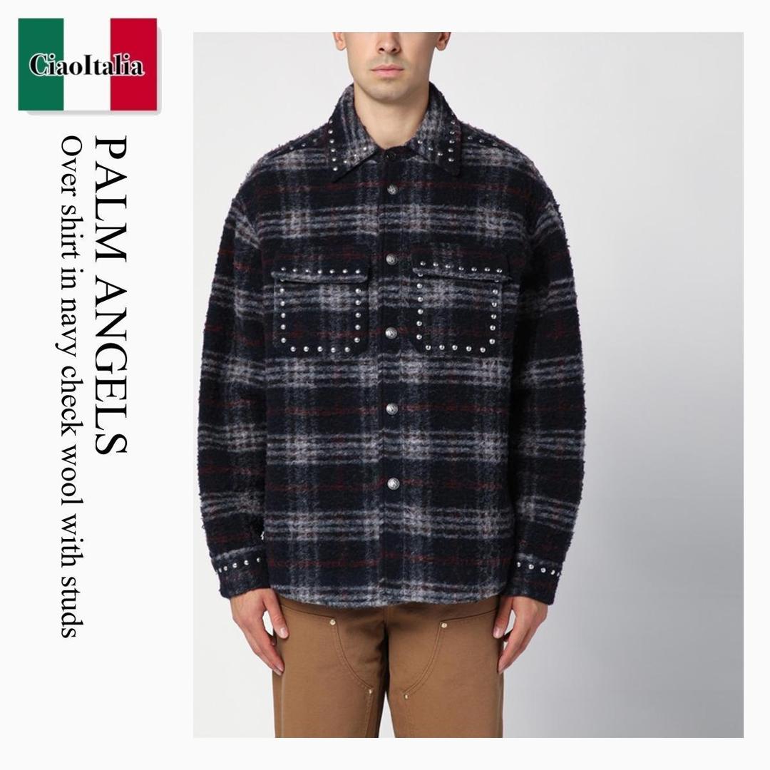 【数量限定・在庫限り・早い者勝ち！】 パームエンジェルス / Palm Angels Over Shirt In Navy Check Wool With Studs / PMES033F24FAB002 / PMES033F24FAB002 4610 / PMES033F24FAB0024610 / シャツ